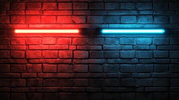 A brick wall with a red light on the left and a blue light on the right creates a stark contrast in color and atmosphere. Abstract. photo