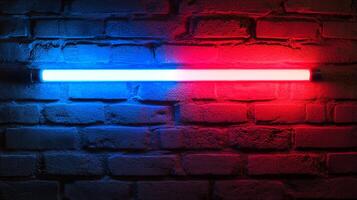 Illuminated brick wall features a split color scheme with vibrant blue and red neon lights contrasting against the textured surface. photo