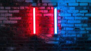 Neon light tubes in red and blue illuminating a textured brick wall creating a stark contrast of color and form against rough texture. photo