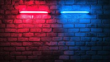 Split brick wall with red and blue lighting. Contrasting neon tubes illuminate the textured brick surface, creating an abstract and colorful scene. photo