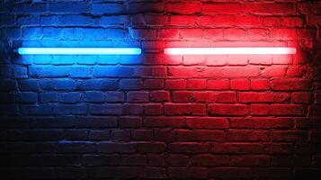 Abstract brick wall with vibrant neon lights creating a striking contrast between cool blue and warm red tones on the textured surface. photo