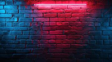 A textured brick wall illuminated by neon lights casting blue and red hues. The brick pattern creates a contrasting light and shadow display. photo