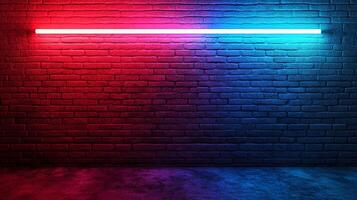 Abstract background with neon light and colorful gradients on brick wall and floor, creating a modern and vibrant atmosphere. photo