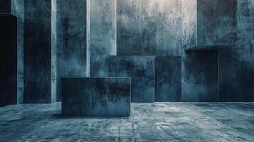 Monochromatic scene of abstract geometric shapes and planes in shades of gray and blue. The scene is set indoors, with stark lighting. photo