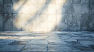 Abstract concrete room backdrop featuring light and shadow play on textured surfaces. Serene and minimal, ideal for artistic presentations. photo