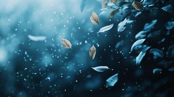 Leaves in a Gentle Descent. A captivating dance of nature, where tranquility merges with serene elegance in shades of blue and brown. photo