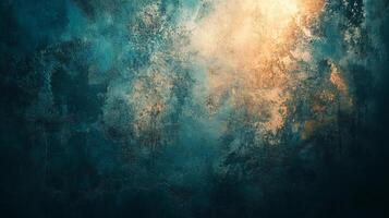 Abstract art featuring mottled textures in blue and gold, creating a visually striking background with implied depth and atmospheric effects. photo