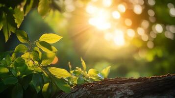 Sunlight streaming through the tree branches, casting a warm glow on the leaves and creating a serene and peaceful atmosphere. photo