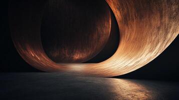 A modern, abstract sculpture installation featuring an illuminated sphere and a curved element, creating a contrast of light and shadow. photo