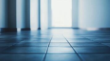 Minimalist hallway view featuring tiled flooring and natural light from a distant opening. Clean lines and a sense of space. photo