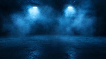 Dimly lit room with blue lights and a thick layer of smoke. The room is empty and the blue lights are on, creating a mysterious and eerie atmosphere photo