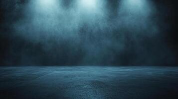 Dark room with a blue background and a foggy mist. The room is empty and the only light source is a spotlight photo