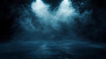 Dark room with blue smoke and lights. Scene is mysterious and eerie photo