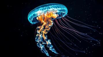 Jellyfish with a blue and orange body is floating in the dark. The jellyfish is surrounded by a lot of light, which makes it look like it's glowing. The image has a mysterious and eerie mood photo