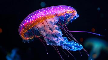 Jellyfish with a blue and orange body is floating in the dark. The jellyfish is surrounded by a blurry background, giving the impression of a dreamlike or surreal atmosphere photo