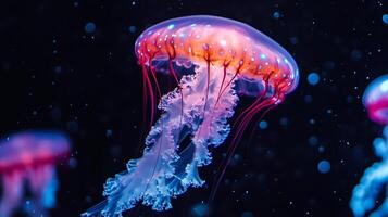 Jellyfish is floating in the dark water. The jellyfish is blue and red. The jellyfish is surrounded by a lot of light photo