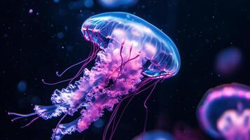 Jellyfish is floating in the water with a purple and pink color. The jellyfish is surrounded by other jellyfish, creating a peaceful and serene atmosphere photo