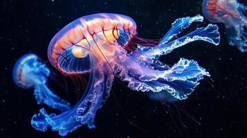 Jellyfish is shown in the water with a blue and orange color. The jellyfish is surrounded by other jellyfish, creating a sense of depth and movement photo
