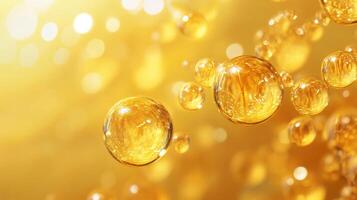 Close up of a yellow liquid with many small bubbles. The bubbles are all different sizes and are floating in the liquid. The image has a dreamy, ethereal quality to it photo