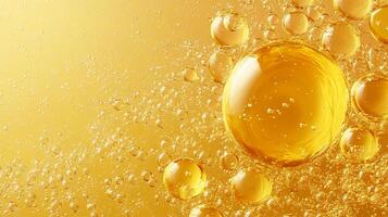 Yellow liquid with bubbles in it. The bubbles are small and scattered throughout the liquid. The liquid appears to be a type of oil or cream photo