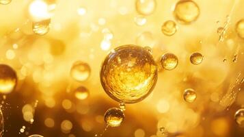 Close up of a yellow liquid with many small bubbles. The bubbles are floating in the air and the liquid is golden in color. Concept of playfulness and lightness, as the bubbles seem to be dancing photo
