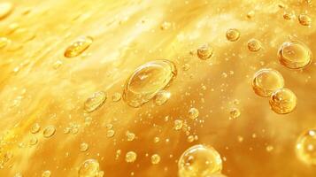 Yellow liquid with many small bubbles on top. The liquid is yellow and has a shiny appearance photo
