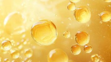 Yellow liquid with many small bubbles floating in it. The bubbles are scattered throughout the liquid, creating a sense of movement and energy. Scene is playful and lighthearted photo