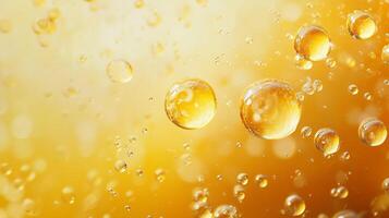 Yellow liquid with many small bubbles in it. The bubbles are floating in the air and the liquid is yellow photo