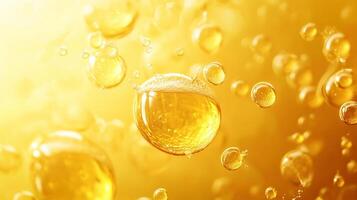 Yellow liquid with bubbles in it. The bubbles are small and scattered throughout the liquid. The liquid appears to be a type of beverage or juice photo