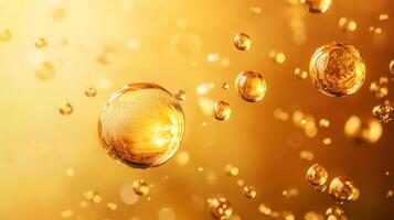 Close up of a yellow liquid with bubbles in it. The bubbles are small and scattered throughout the liquid photo