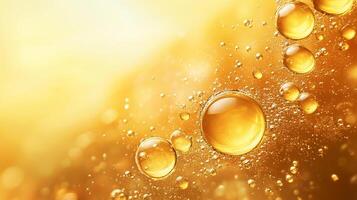 Close up of a yellow liquid with many small bubbles. The bubbles are all different sizes and are scattered throughout the liquid. Concept of playfulness and whimsy, as the bubbles seem to be dancing photo