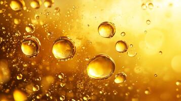 Close up of a yellow liquid with many small droplets of it. The droplets are scattered all over the liquid, creating a sense of movement and energy. Scene is one of excitement and liveliness photo
