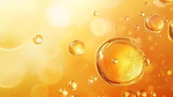 Close up of a yellow liquid with many bubbles. The bubbles are small and round, and the liquid appears to be a mixture of water and oil. The image has a dreamy, ethereal quality photo