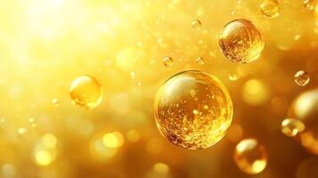 Close up of a yellow liquid with bubbles in it. The bubbles are small and round, and the liquid is golden in color. Concept of playfulness and lightheartedness, as the bubbles seem to be floating photo