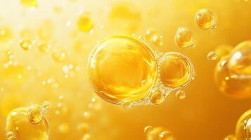Yellow liquid with bubbles in it. The bubbles are small and scattered throughout the liquid. The liquid appears to be a mixture of water and oil photo