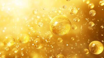 Yellow background with many small bubbles of different sizes. The bubbles are floating in the air and appear to be made of liquid. The image has a dreamy, ethereal quality to it photo