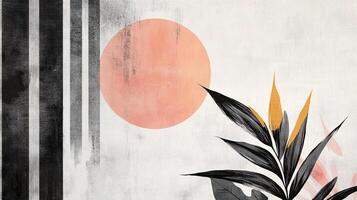 Abstract art featuring geometric shapes, a soft pink circle, vertical lines, and tropical leaves, creating a modern, serene design. photo