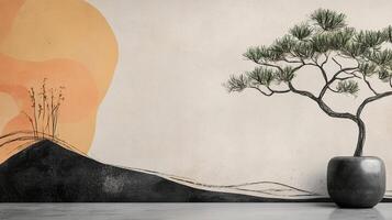 Minimalist artistic scene featuring a sketch-style tree in a pot with hill scene, embodying calm artistic zen aesthetics. photo