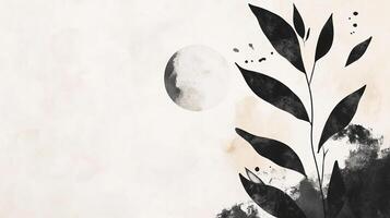 Abstract art featuring dark leaves against a soft background with a muted moon, evoking nature and tranquility. Minimalist design. photo