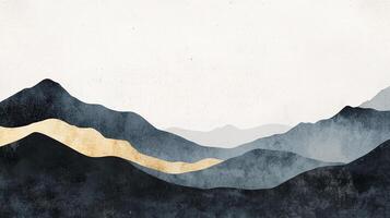 Abstract mountain range illustration featuring layered peaks in blue and gold tones against a plain backdrop, minimal and serene. photo