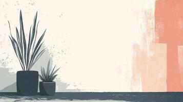 Stylized depiction of potted plants against a textured wall with an artistic flair, creating a serene, minimalist scene with soft colors. photo