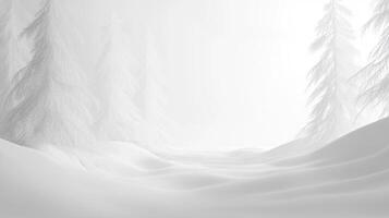 A serene, snow-covered landscape with pine trees, rendered in a minimalistic style with a soft, diffused light and monochromatic color palette. photo