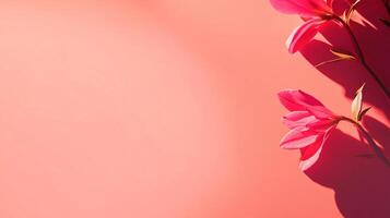 Vibrant pink flowers adorn a matching backdrop, casting shadows and highlighting petal details in a visually appealing floral arrangement. photo