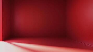 A minimalist perspective, rich red walls and floor of an empty room illuminated by a warm light creating stark shadows and visual depth. photo