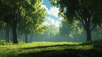 Lush trees frame a verdant meadow under a sky filled with puffy white clouds, creating a tranquil woodland scene. photo
