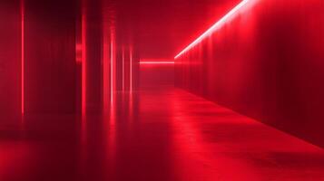 An abstract minimalist architecture features a corridor awash with red ambient light, creating a futuristic, atmospheric setting. photo