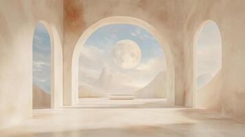 Abstract architectural space with arches framing a serene desert landscape under a large moon, creating a minimalist, ethereal aesthetic. photo