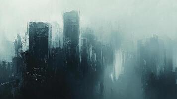 Abstract city skyline painting, showcasing dark buildings against a misty, blurred background, creating a somber, atmospheric effect. photo