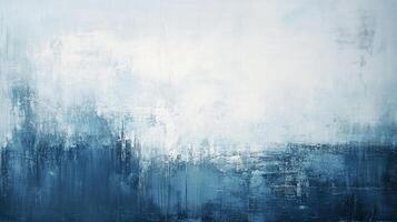 Blue and white abstract painting of an undefined place. The top is white while the bottom of the painting is dark blue. photo