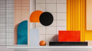 Abstract geometric arrangement of shapes and color. Modern background design, bold color palette, interesting angles. Studio setting. photo
